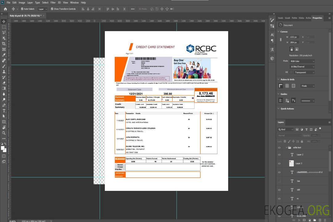 Modèle de relevé de carte de crédit de la Rizal Commercial Banking Corporation (RCBC) des Philippines au format de fichier .xls et .pdf template